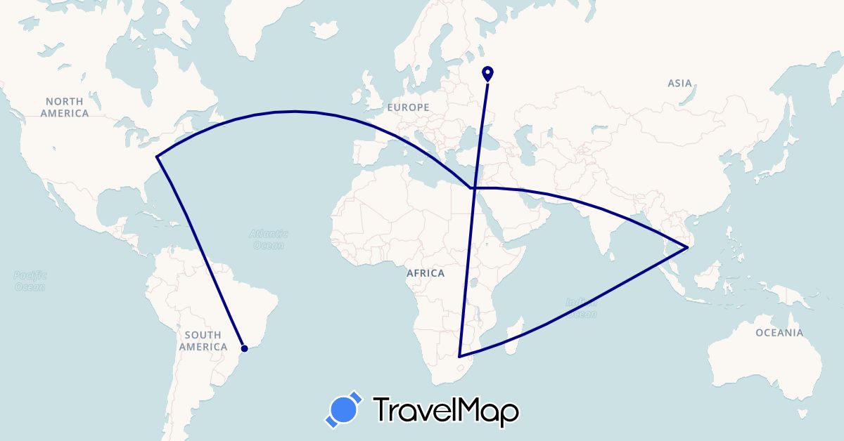 TravelMap itinerary: driving in Brazil, Egypt, Russia, United States, Vietnam, South Africa (Africa, Asia, Europe, North America, South America)
